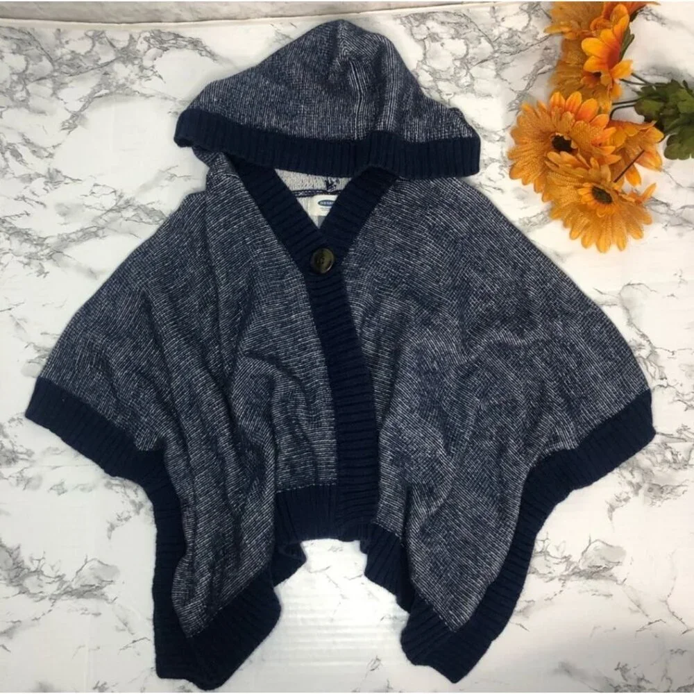 Old Navy ✦ Hooded Knit Poncho Sweater ✦ Blue Shawl Style Button Neck Sz 3T